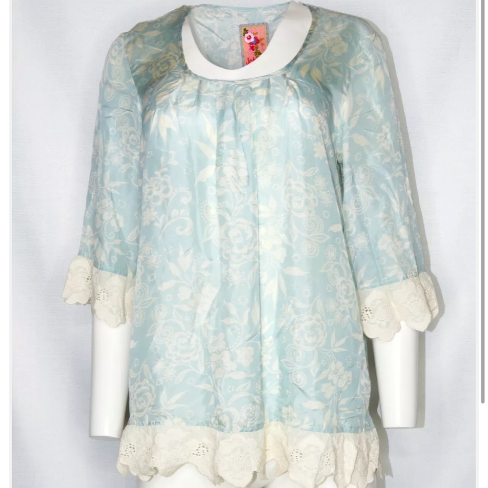 Johnny Was Baby Blue Floral Lace Trim Silk Blouse Small Vintage bohemian style